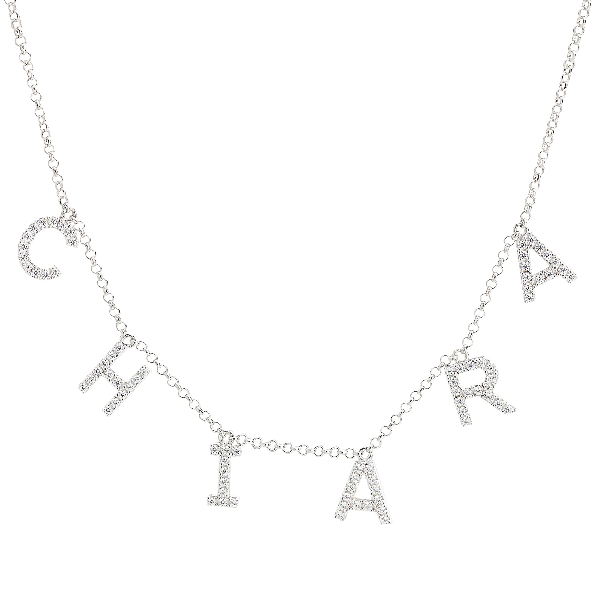 Artlinea, Collana in Argento 925 Sterling, Rodiato, Personalizzabile con Nome, Lettere o Simboli di Zirconi, Misura da 38 a 40,5 cm, Chiusura a Moschettone, Made in Italy