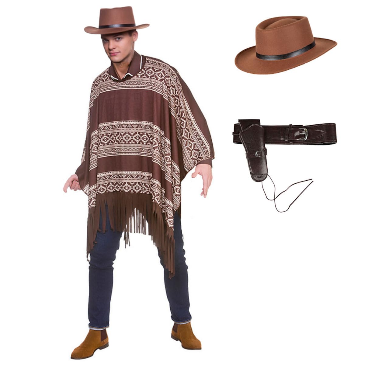 Western Cowboy Poncho + Gunslinger Hat + Deluxe Brown Holster : Adult Wild West Drifter Gunman Mens Fancy Dress Costume