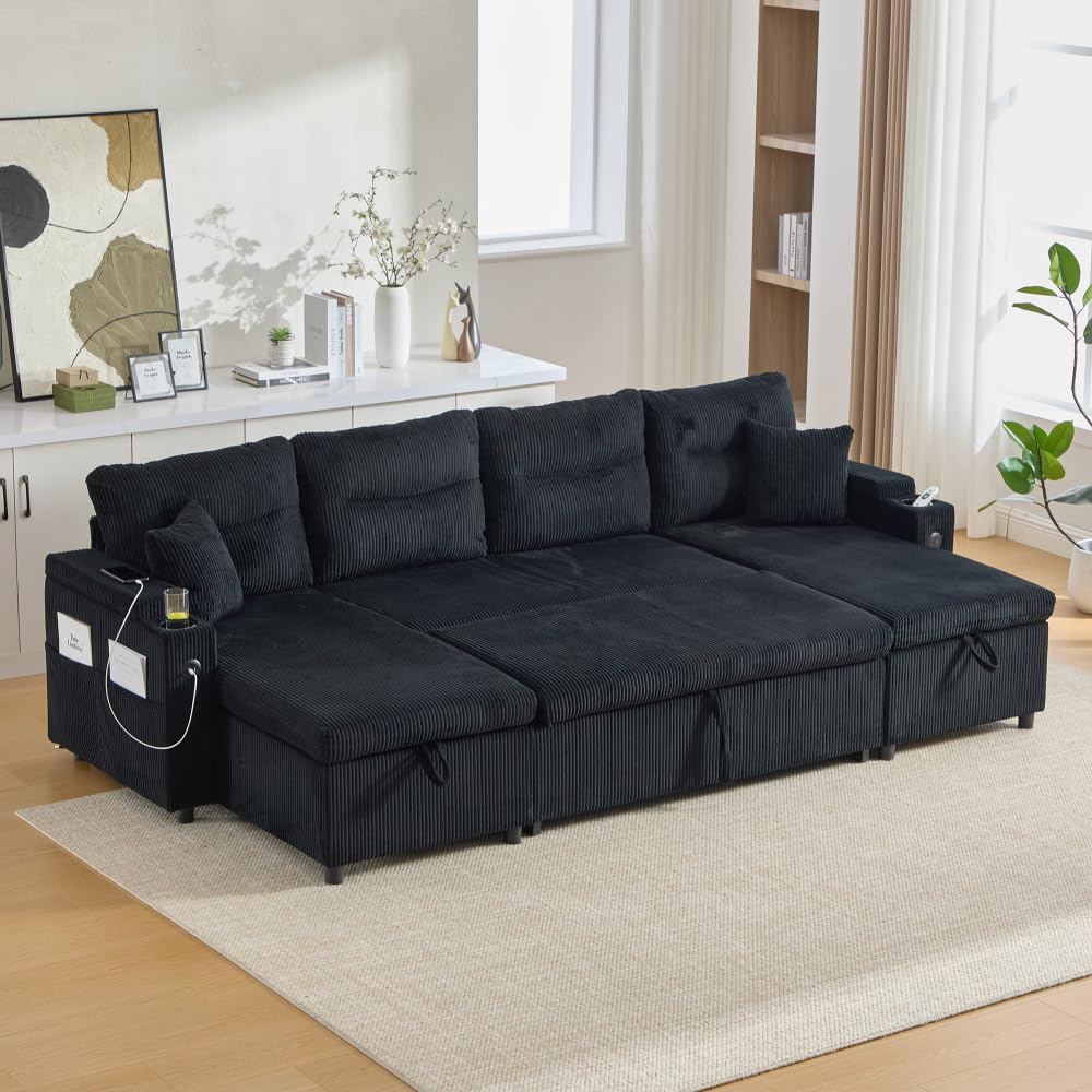 Lubvtti Sofá cama de 4 plazas con portavasos, puertos USB, almacenamiento integrado, sofá de 4 plazas moderno de pana, sofá esquinero en forma de U con chaise longue (negro + 4 plazas)