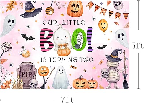 Miniatura 3 de MEHOFOND Telón de fondo de Halloween Boo de 2 cumpleaños de 7 x 5 pies, Our Little Boo is Turning Two Background Blush Pink Watercolor Happy Booday