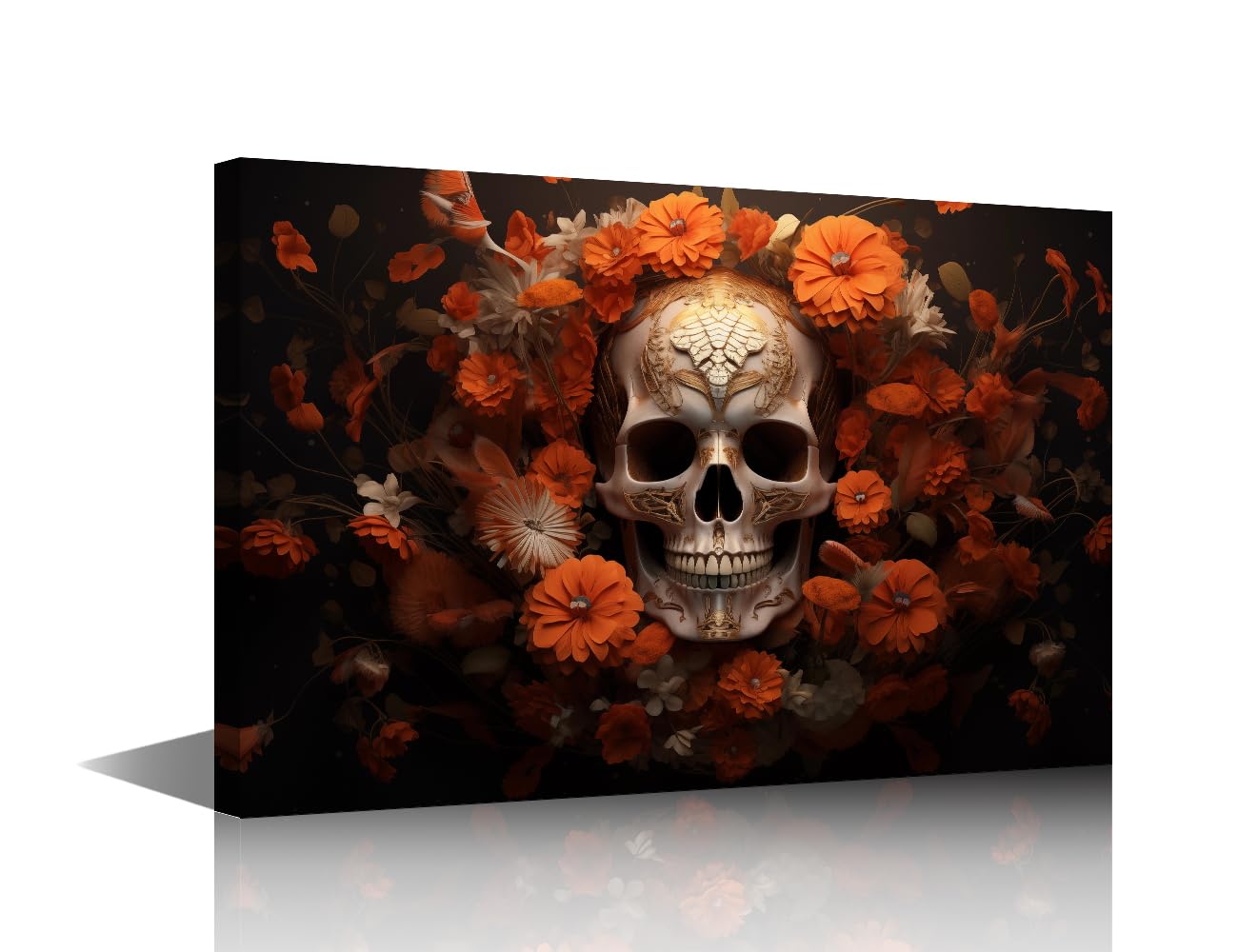 TISHIRON Canvas Wall Art for Bedroom Gothic Styles Contemporary Walls Art Human Skull Paintings Canvas Walls Artwork Skull in Orange Flowers Artwork Prints Framed Arts Wall Decor(18" Wx12 H)