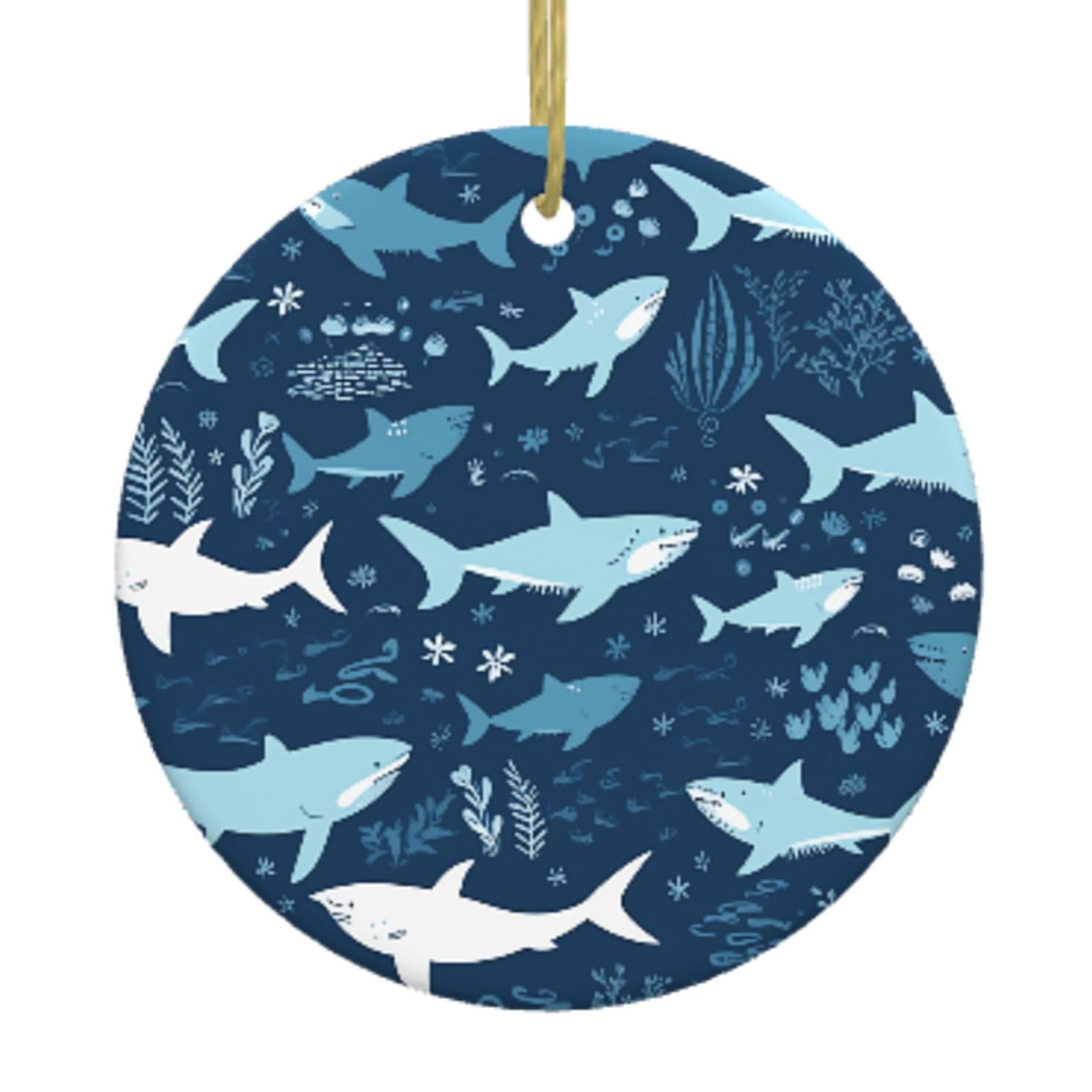Ceramic Christmas Tree Hanging Ornaments with Gold Ropes Christmas Tree Decorations Round Ceramic Sharks Pendant Keepsake Decorations for Holiday Xmas Gift Ideas