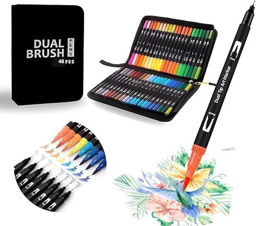Kit Canetinhas Coloridas 48 Cores com Pontas Duplas, Conjunto Caneta Brush para Livros de Colorir pa