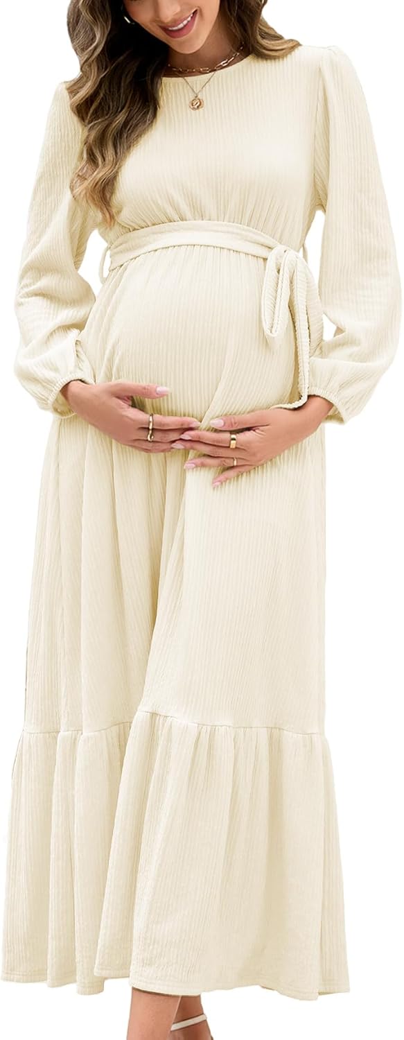Women's Maternity Maxi Dress with Belt Long Sleeve Crew Neck Pregnancy Dresses with...