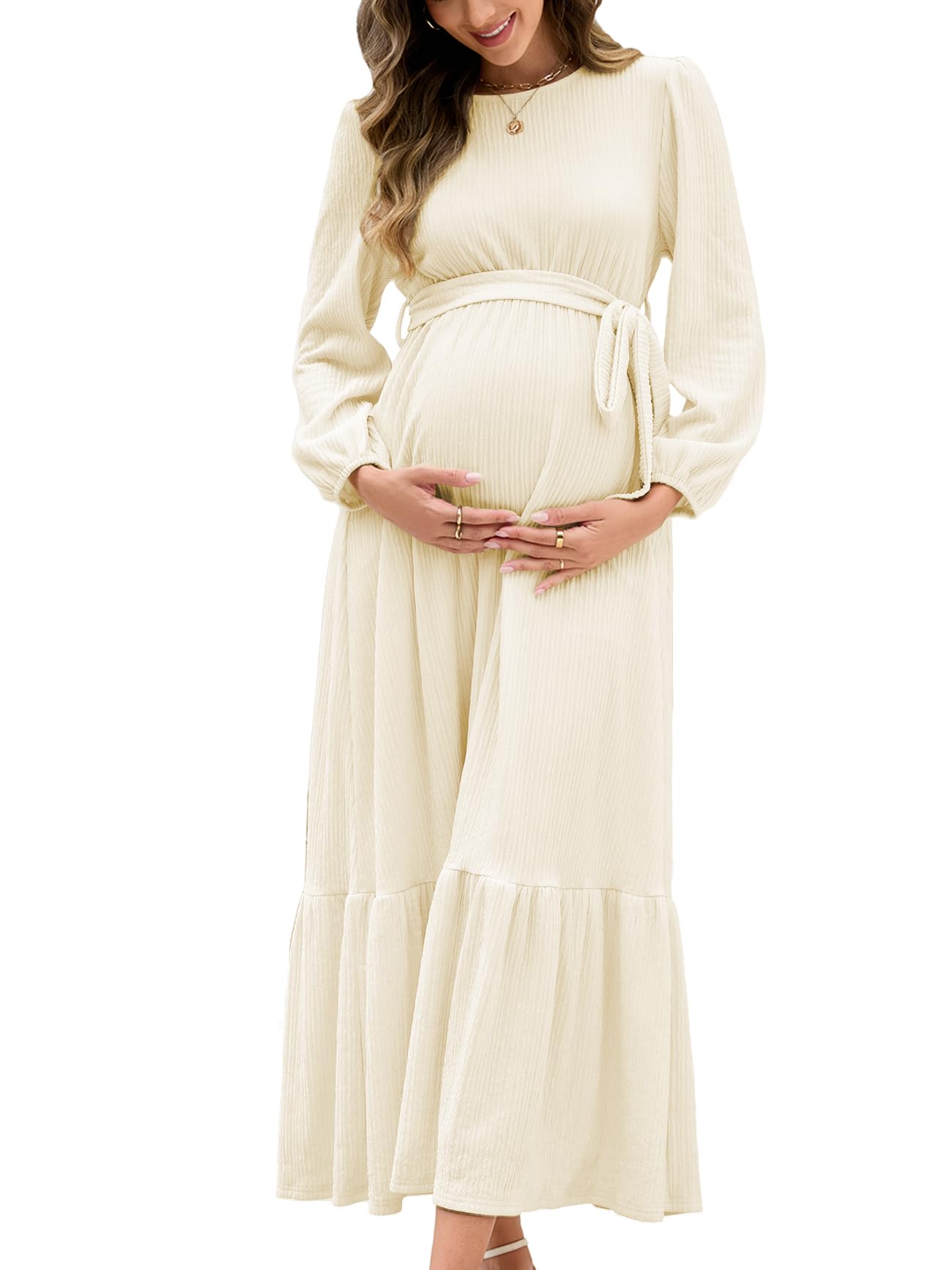 AISWI Damen Umstandskleid Maxikleid mit Gürtel Langarm Rundhals Schwangerschaftskleider mit Taschen Babyparty Fotoshooting
