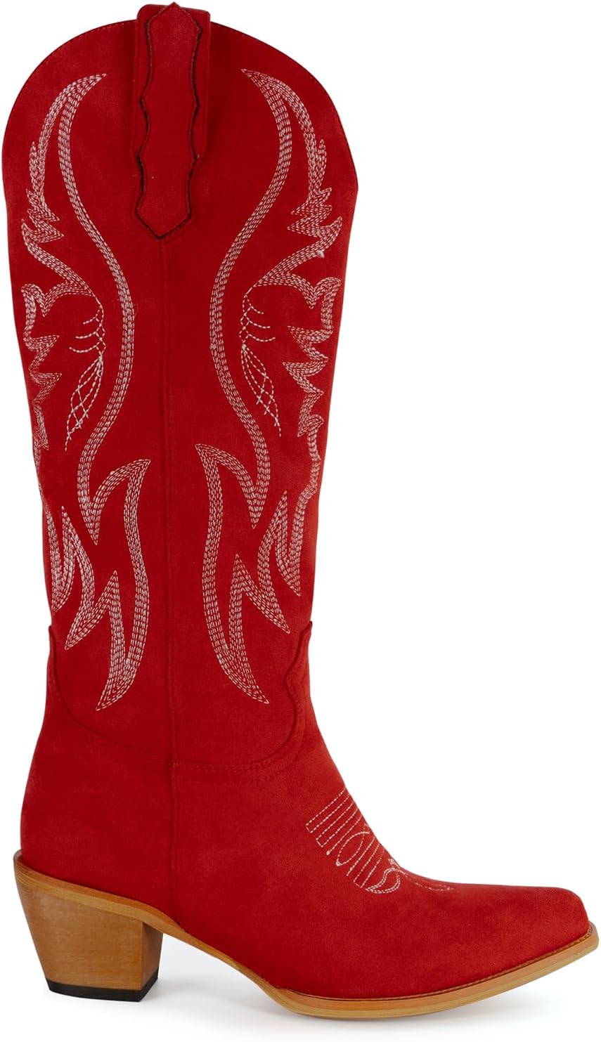 GORBINETI Women Cowboy Boots Mid Calf Cowgirl Western Boots Embroidered Suede Pull On Almond Toe Chunky Heel - Image 6
