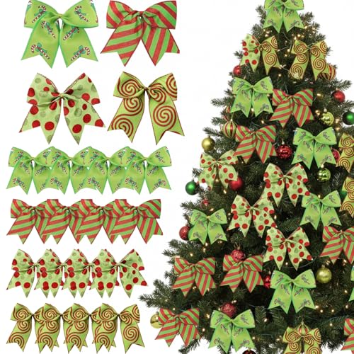 QhgPnt Christmas Tree Bows Set of 16 Red Green Bows for Christmas Tree 15x15cm Grinch Christmas Tree Decorations Xmas Decorations for Wreaths and Trees Festive Holiday Decor