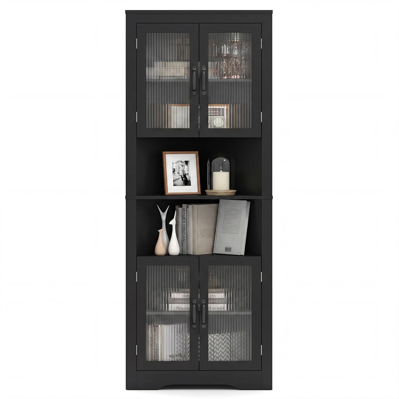 Armario esquinero de 171 cm de alto que ahorra espacio con 4 puertas y 2 estantes y dispositivo antivuelco para la cocina del hogar (negro)