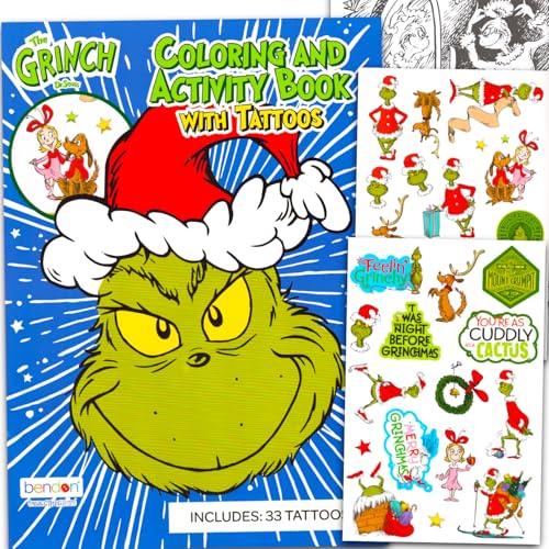 Grinch Temporary Tattoos Party Pack - Bundle with 30+ Dr Seuss Tattoos and Christmas Coloring Book | Grinch Party Supplies Set