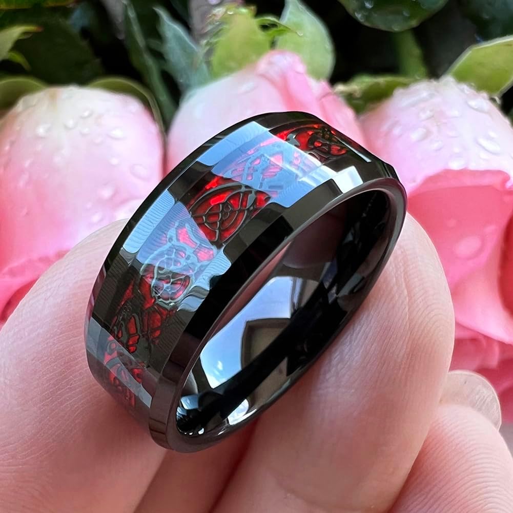 TUTISS 8mm Red Green Purple Carbon Fiber Celtic Dragon Inlay Black Tungsten Rings for Men Women Wedding Bands I Love You Engraved Comfort Fit