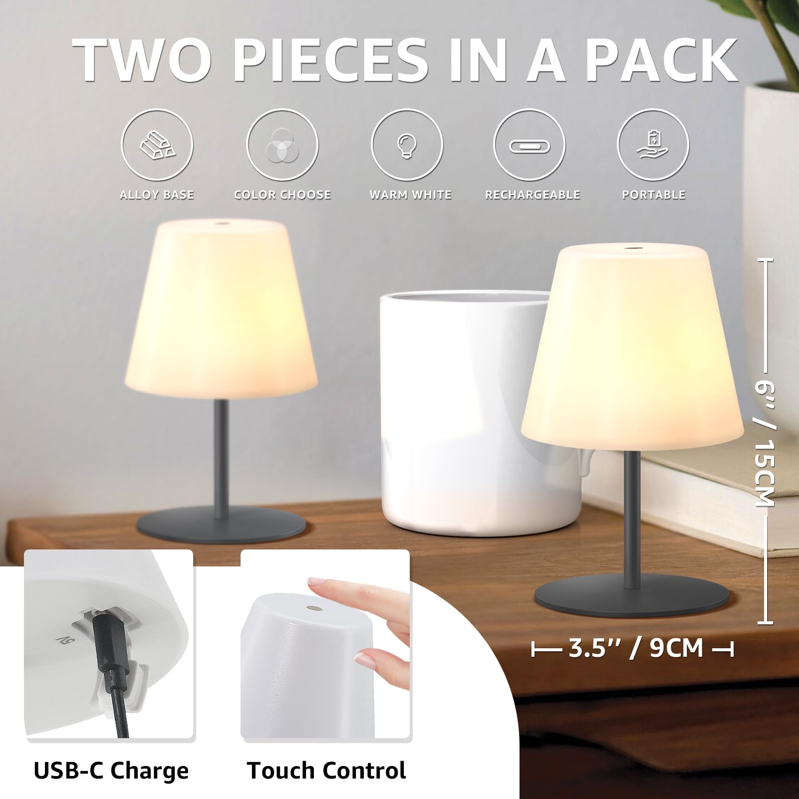 NiceBuy Led-tafellamp, batterij, set van 2, touch-dimbaar, warmwit/RGB USB-C oplaadbaar, draadloos, mini, klein, IP44, voor woonkamer, balkon, patio, terras (zwart