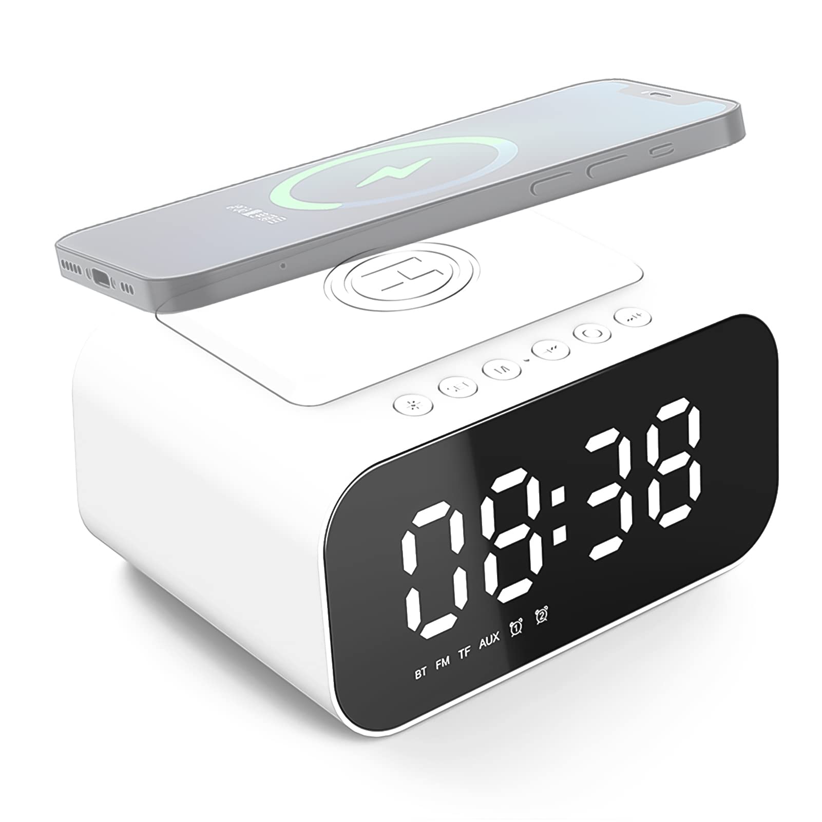 Sveglia con Caricatore Wireless, Altoparlante Multifunzione 4 in 1 LED Orologio da Tavolo Digitale Radio FM Funzione Snooze