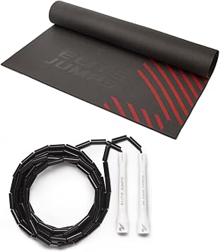 Elite Jumps - Do Hard Things 1 Beaded Jump Ropes - Strong & Durable Materials - White/Black with Jump Rope Mat- Large Format Indoor/Outdoor Non Slip Mat - Home Workout Exercise Mat