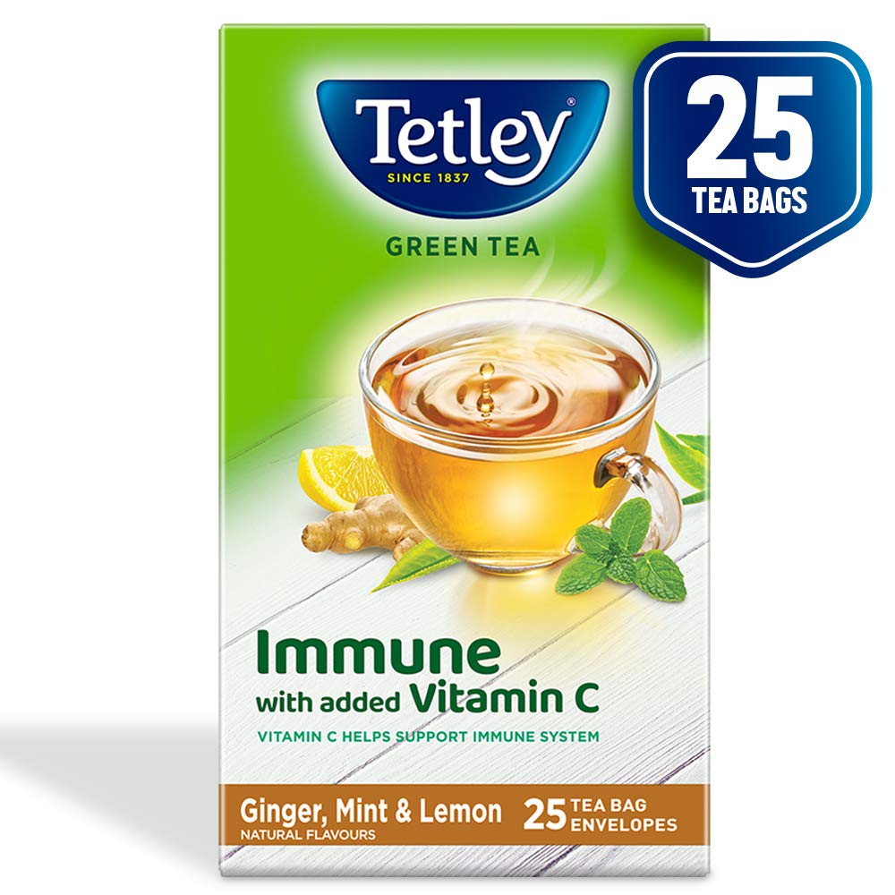 Tetley Green Tea | Immune with Added Vitamin C | Lemon & Honey 25 Teabags + Ginger Mint & Lemon 25 Teabags | Combo Pack 4