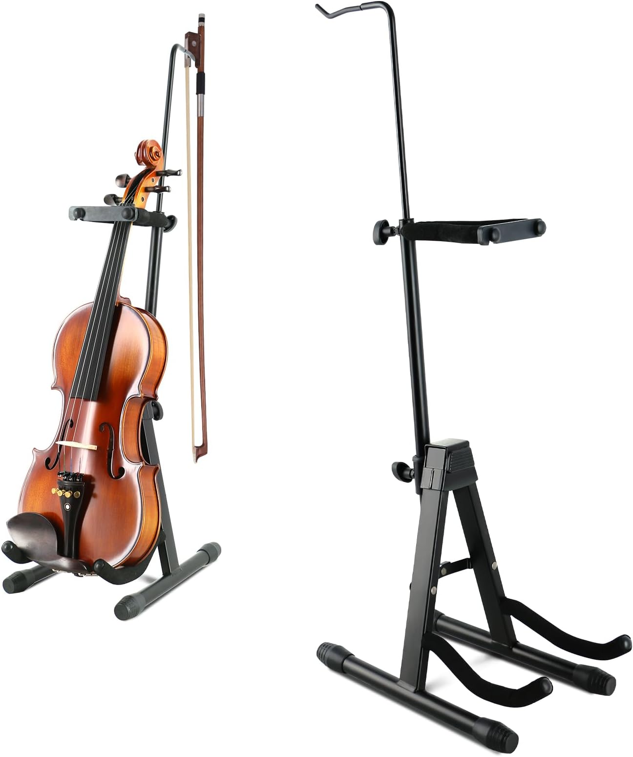 ROWELL Violin Stand with Bow Holder, Foldable, Portable, Height Adjustable, Head Protection, Anti-slip Foot Covers (Black)
