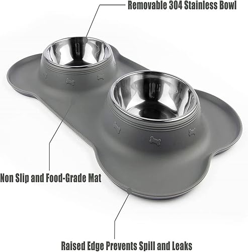 Miniatura 5 de Cuencos para perros con tapete antidesbordamiento y antideslizante, alimentador de acero inoxidable, color gris