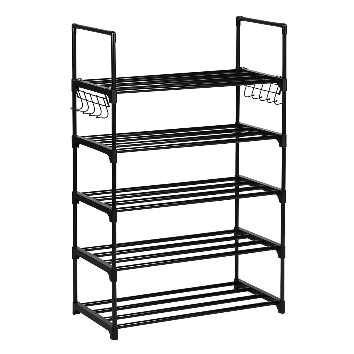 T-LOVENDO.ES Zapatero estrecho entrada recibidor. Mueble organizador de zapatos armario estantería 89x31x59cm. 5 niveles. Tubos de hierro. Ganchos laterales. Hasta 10 pares. Negro