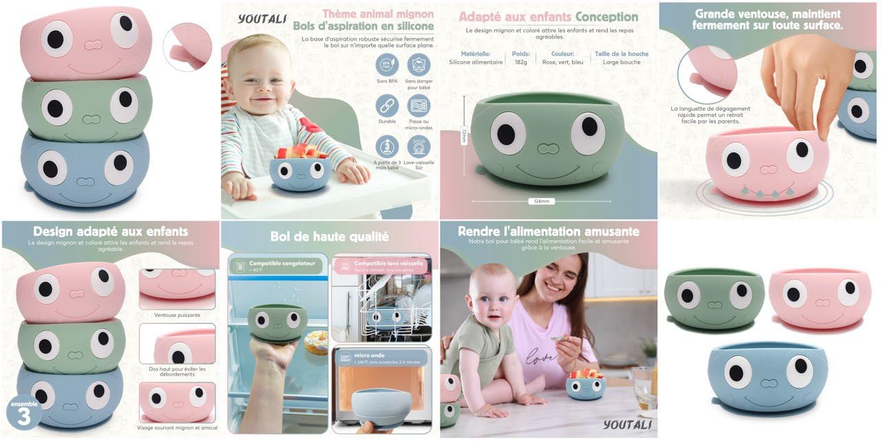 Ensemble de 3 Bols Ventouse Pour Bébé en Silicone Alimentaire, Rose, Vert Et Bleu Avec Smiley, Pour Une diversification alimentaire bébé Sans BPA, Micro-Ondable Et Lave-Vaisselle