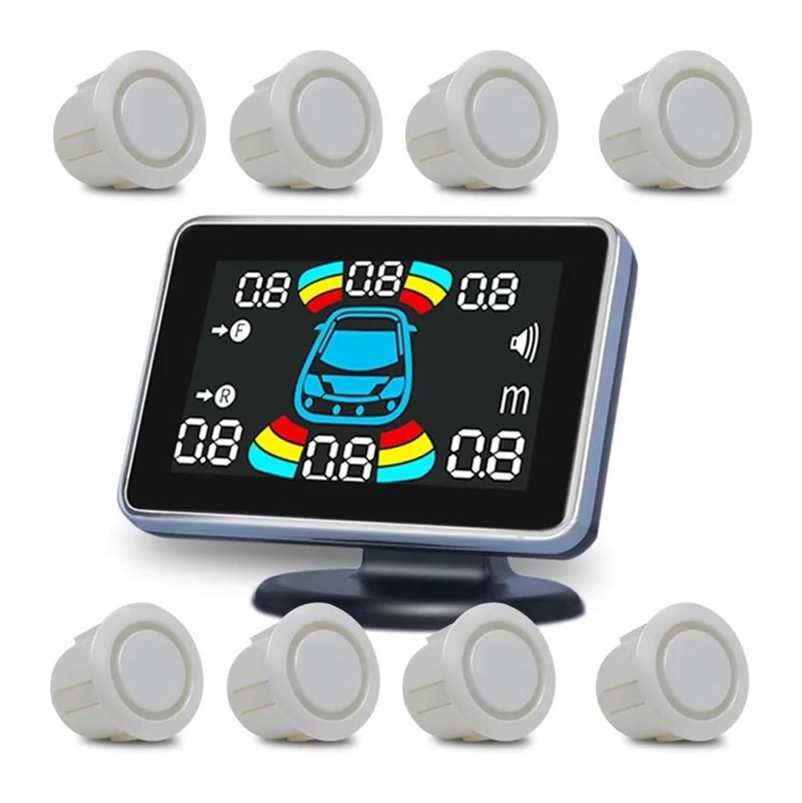 Sensor De Estacionamiento Radar Marcha Atrás Trasero para Coche 8 Sensores Aparcamiento Detector Electrónico Kit Asistencia Zumbador(Plata)