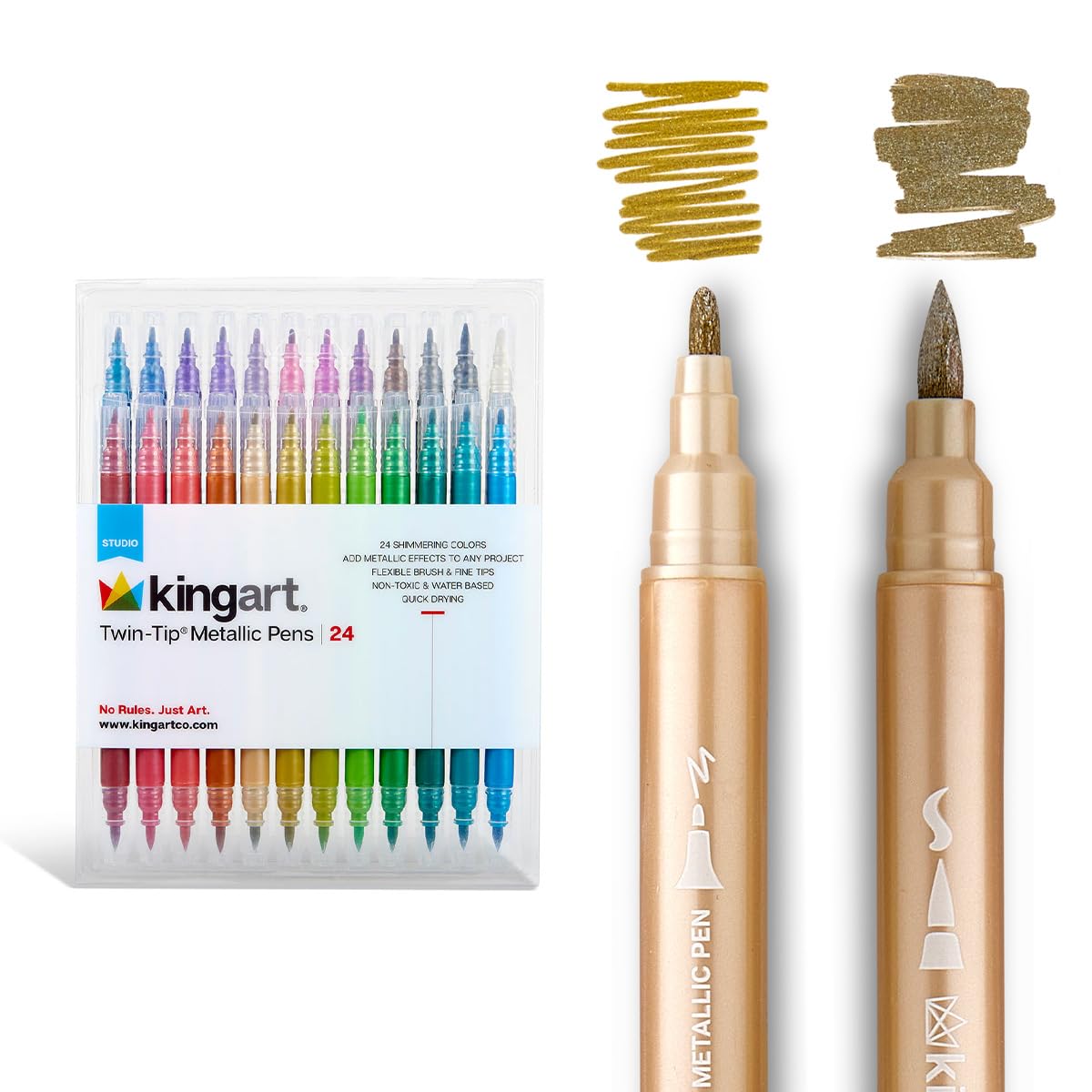 KINGART 24 Metallic Dual Tip Brush Fine Markers - Easy for All Ages Levels Pens for Card Making