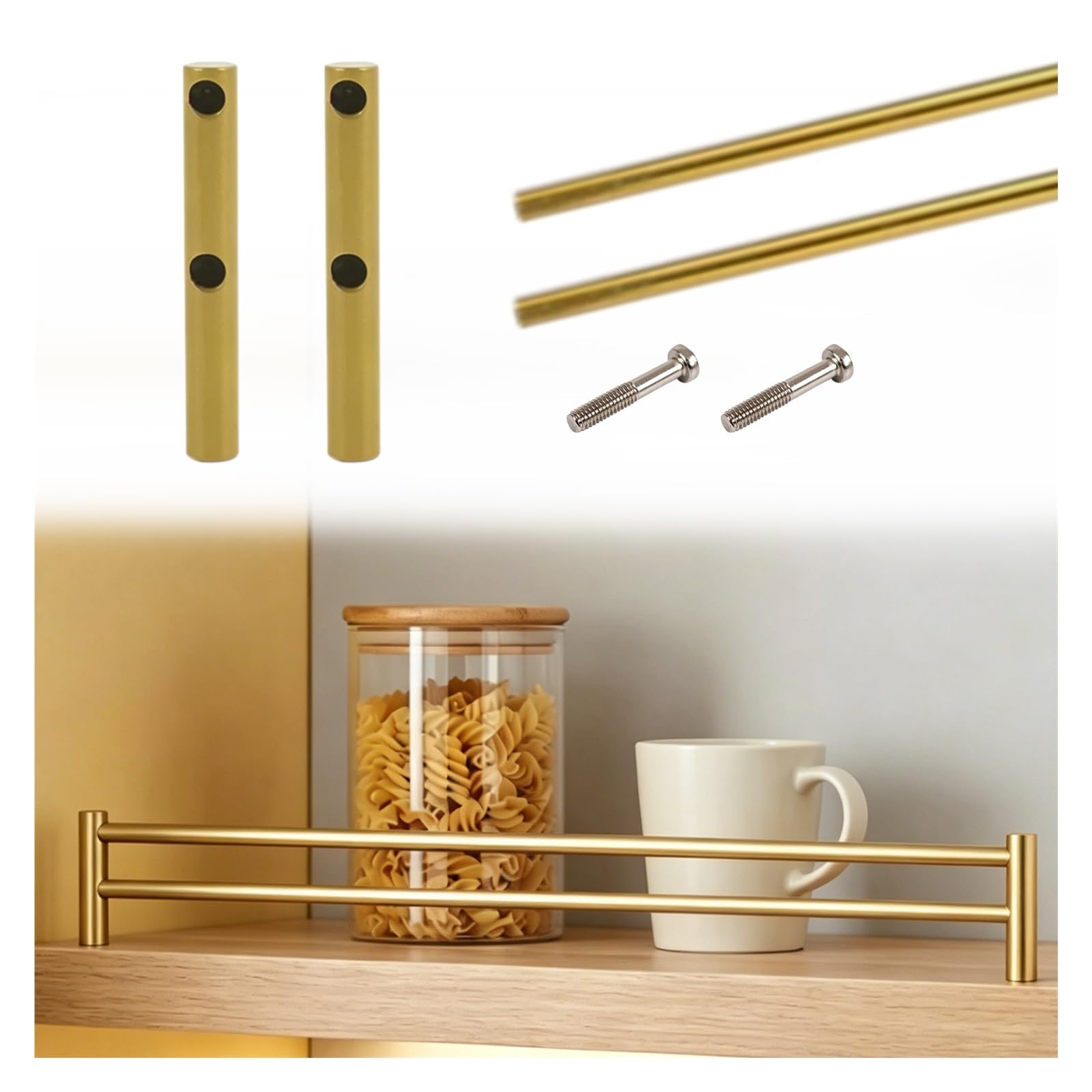 Hphdfs Gold Customizable Length Cabinet Safety Rail 25 45 65 85 105Cm, Stainless Steel Decor Retaining Strip With 3 Spindles, Anti-Tipping Gallery Rails For Glassware, Collectibles(,L 96Cm/37.8")