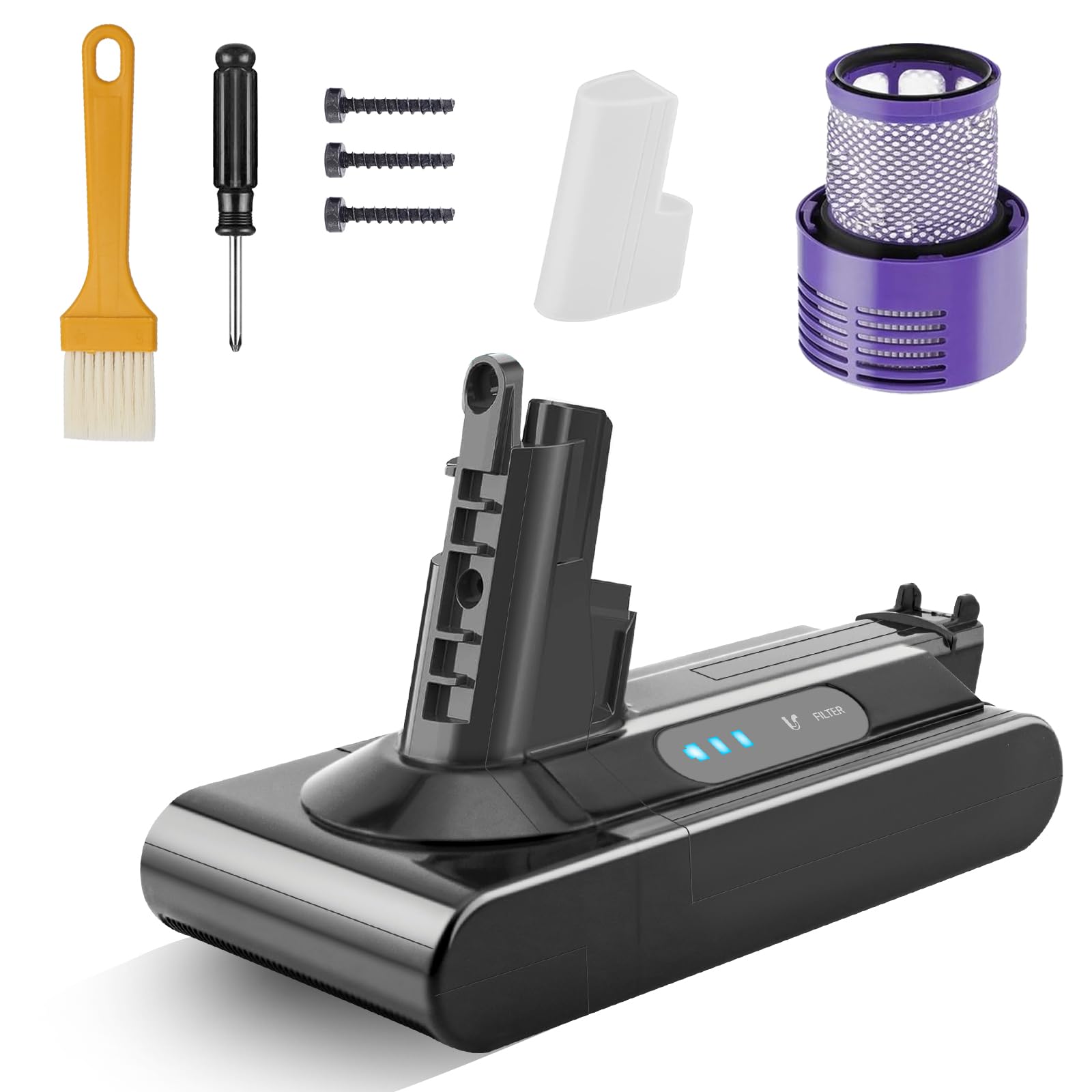 Batterie pour Dyson V10 Cyclone/Animal/Absolute/Fluffy/Motorhead SV12 Chargeur sans Fil aspirateur Portable Batterie de Remplacement avec Grande capacité (+1 Filtre Post)