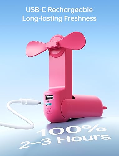 Vista 8 de JISULIFE Mini ventilador de mano, 3 en 1 USB recargable portátil 12-19 horas de trabajo con cargador de batería, linterna, diseño de bolsillo