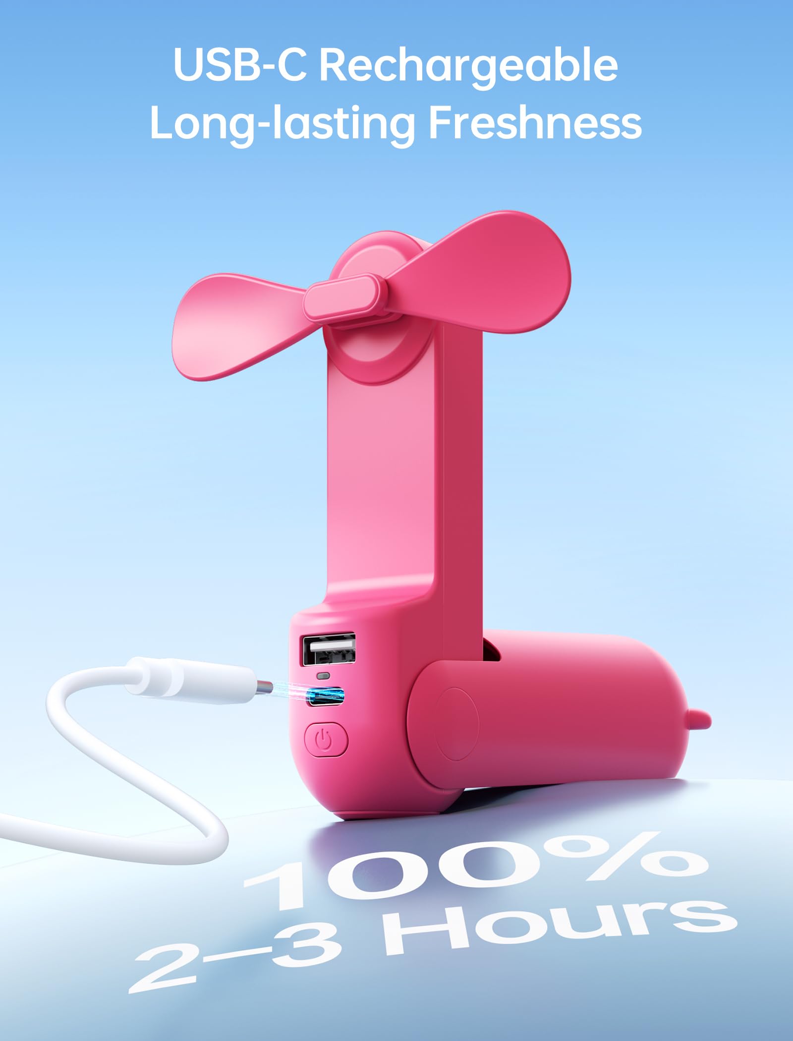 JISULIFE 3 IN 1 Portable Fan with Power Bank & Flashlight Featured, Fuchsia, liten - Image 8