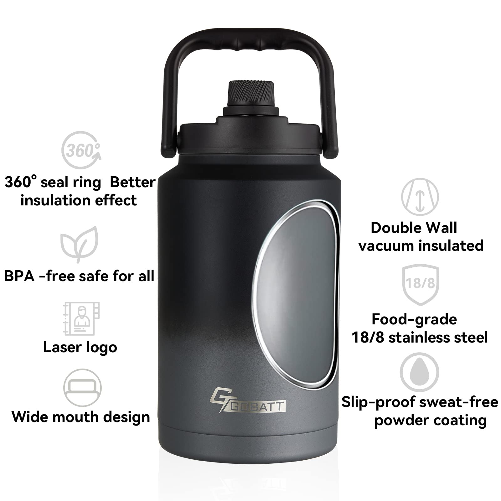 GOBATT 128 oz Stainless Steel Double Walled Insulated Water Bottle,One Gallon large Hot & Cold Drinks Thermoses, Jug With Handle Sports, Outdoors,Gym,Hiking & Camping (1 gallon, Black Gray Gradient)