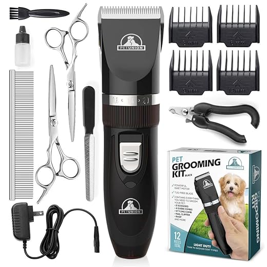Professional Dog Grooming Kit - Cordless Low Noise Dog Clippers for Grooming Thick Coats - All Pet Safe Cat Hair Trimmer - Pet Grooming Kit Includes Dog Hair Clippers, Nail Trimmer & Shears