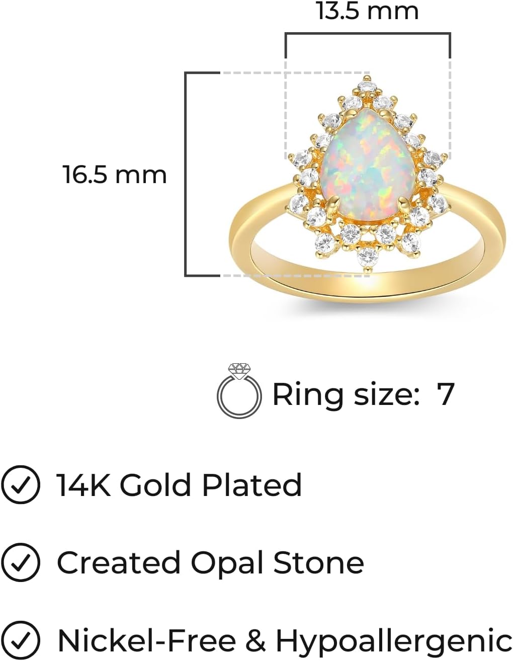 MORGAN & PAIGE .925 Sterling Silver 14K Gold Plated Pear Shaped Opal Ring for Women - Scalloped White Sapphire Sparkling Halo Design Sterling Silver Rings, Hypoallergenic Jewelry for Her Size 7 - Image 3