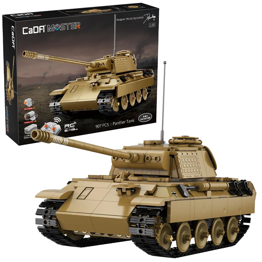 dOMOb Panther WWII German Tank Building Kit – 2.4G Remote Control Battle Army Build Set – 1:35 RC Model – CADA Bricks Toys for 14+ Kids & Adults – 907 Building Blocks – for Boys, Hobbyist, Collector