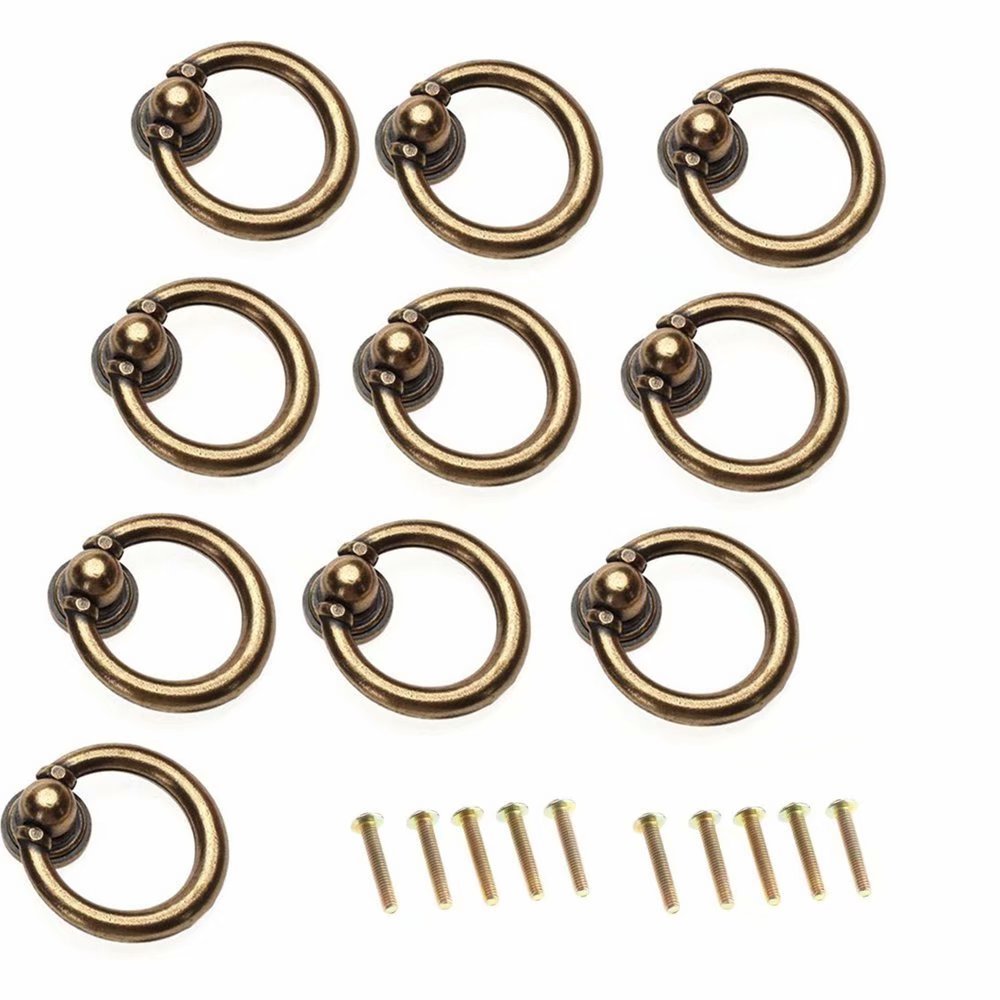 Fbshop(Tm) Antique Brass 10Pcs Ring Pull Handle For Kitchen Cabinets,Cupboards,Wardrobe,Drawer, Furniture Hardware,Retro Style Cabinet Ring Pull Handles Knobs