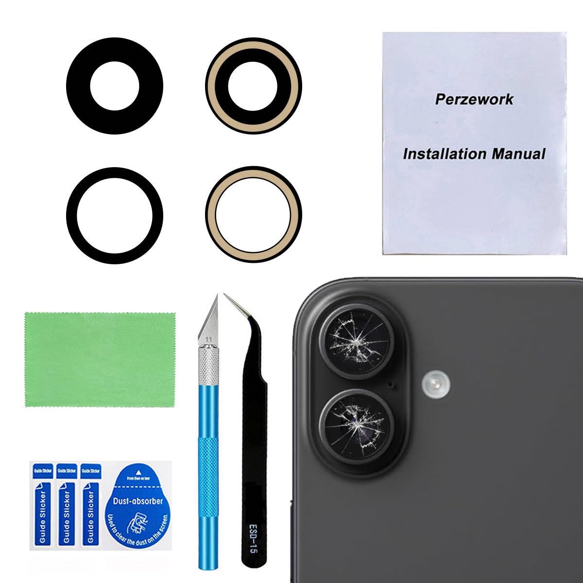 Perzework 2 Set Back Rear Camera Lens Glass Replacement for iPhone 16 and iPhone 16 Plus with Reparing Toolkit