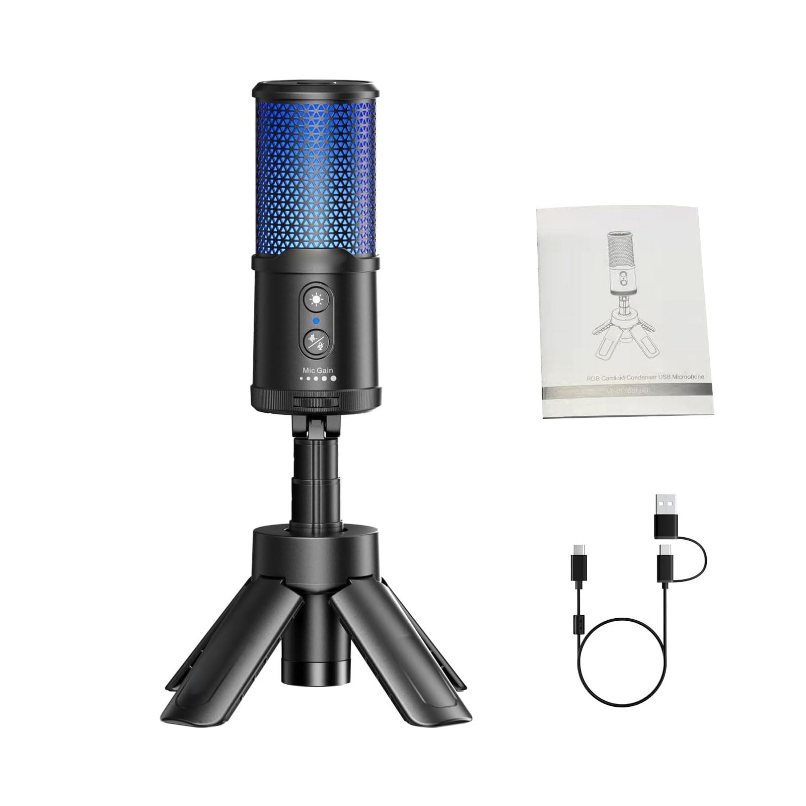Microfono a Condensatore USB con Riduzione del Rumore AI e Monitoraggio in Tempo Reale per Streaming e Podcasting, Supporto Regolabile, 48kHz, 12,7 Once