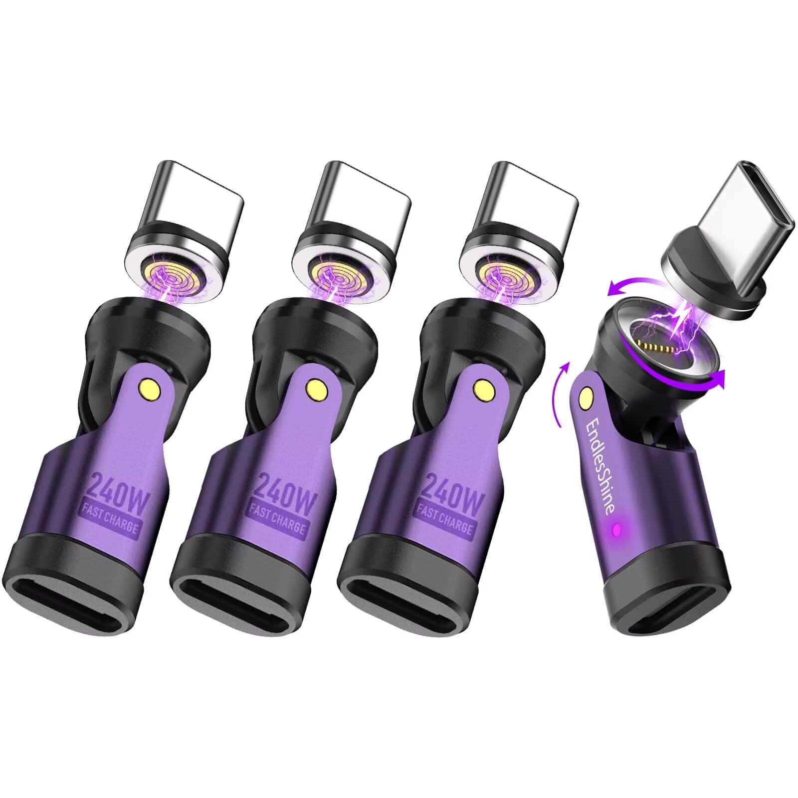 USB C Magnetic Adapter 240W, Can Be Type-C Cord Into Right Angle Magnetic USB C Charging Cable, Magnet Charger USBC 90 Degree Adapter 180 OTG Tips for iPhone 17/16/15 Tablet(4 Pack Purple)