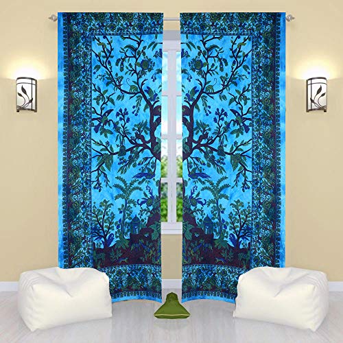 THE ART BOX Indian Tree of Life Tapestry Window Curtains Tie-Dye Bohemian Door Cover Decorative Drapery Bedroom Living Room Balcony Valance Panels (Turquoise Tree 75x50 inches)