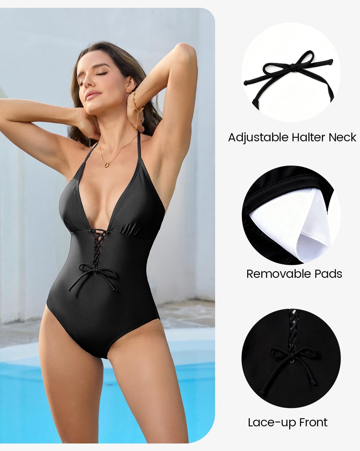 Cromi Women Sexy One Piece Swimsuit Lace Up Swimwear Plunge V Neck Bathing Suits Halter Neck - Image 4