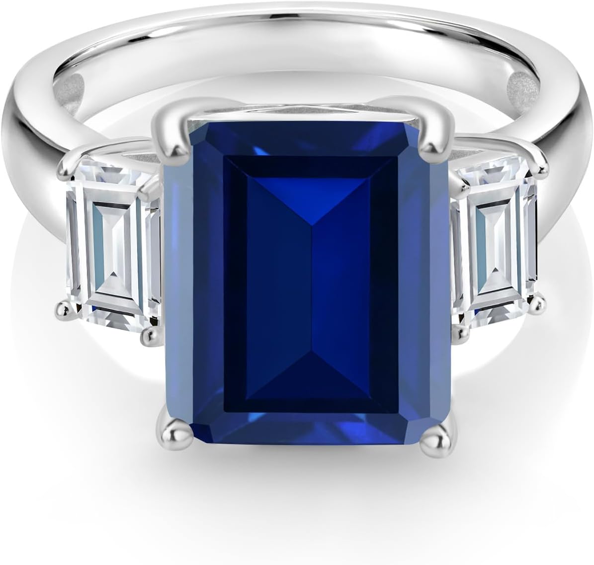 Gem Stone King 7.84 Cttw Blue Simulated Sapphire and White Moissanite 3-Stone Ring For Women | 925 Sterling Silver | 3 Stone Wedding Engagement Anniversary Promise Ring For Women