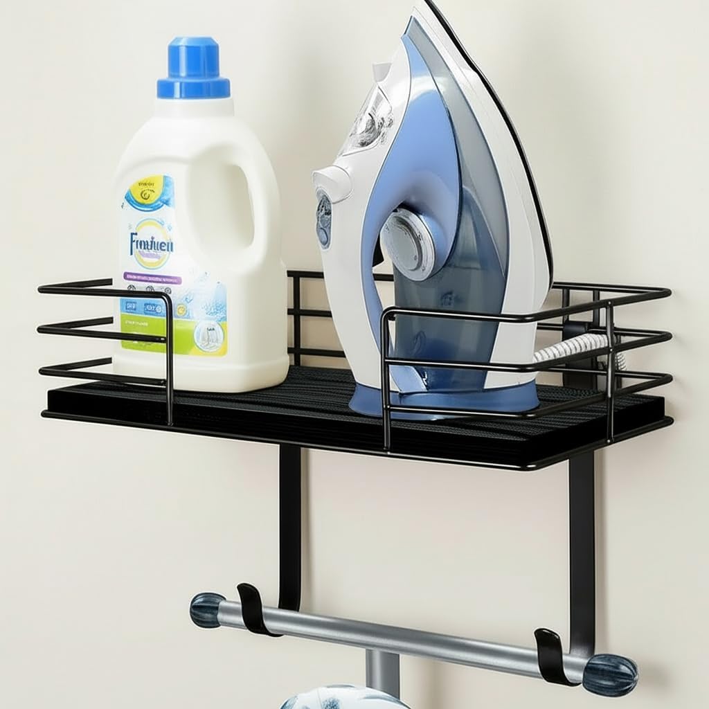 Ironing Board Holder Wall Mount, Metal Ironing Board Hanger with Shelf Laundry Room Decor and Accessories Iron Holder for Laundry, Fits T-Leg Ironing Board, Industrial Decor, Black