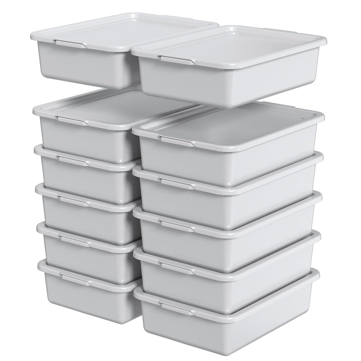 12 Packs Plastic Rectangular Utility Bus Box, 13 L Commercial Bus Tubs with Lids, Light Gray