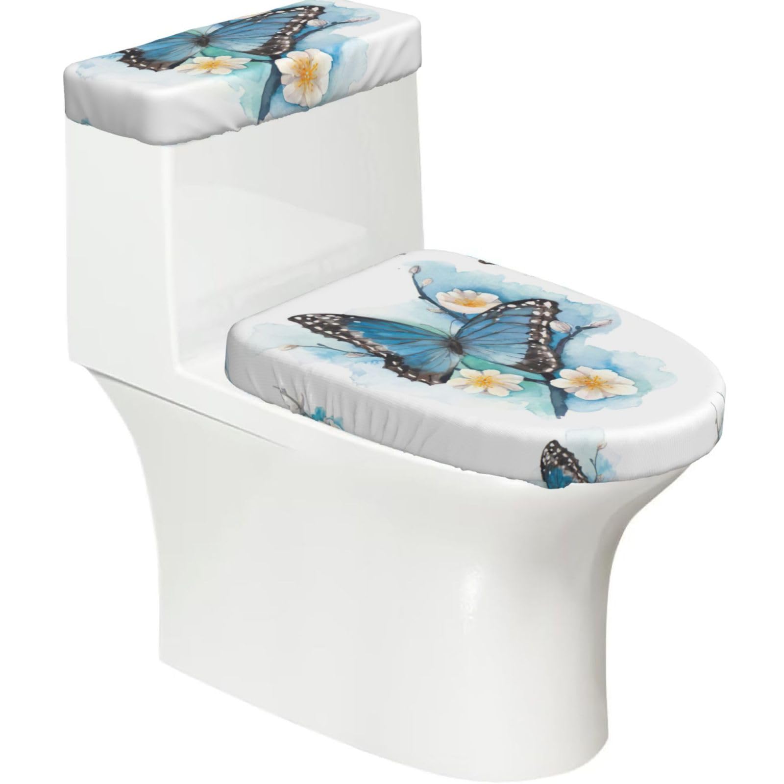 Blue Butterfly On Blossom Flower Print Stretch Toilet Covers Set, Polyester Covers Replacement For Fits Most Size Lids Bathroom Decor