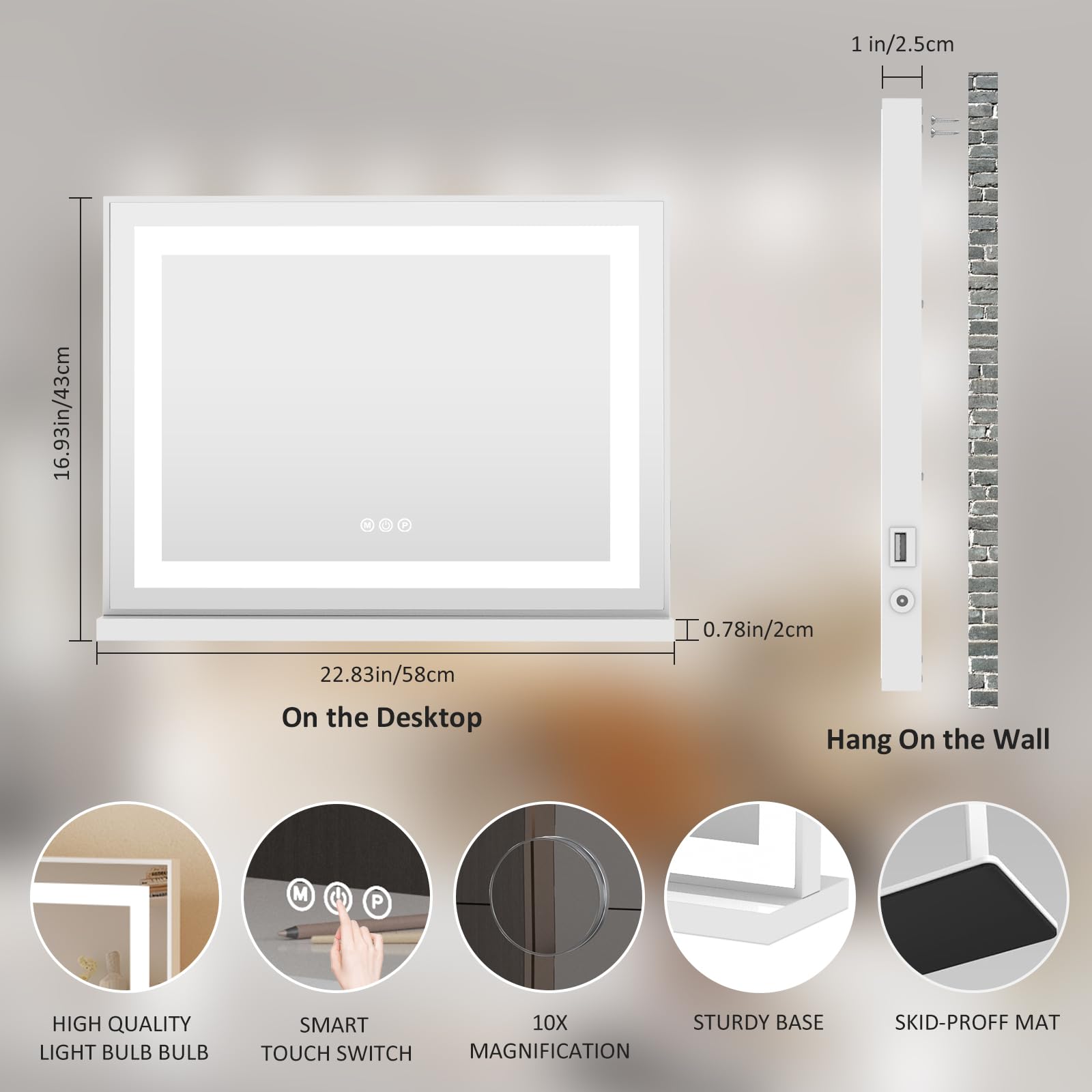 Makeup Mirror with Lighting, 58 x 44 cm, mit 10-facher Vergrößerungslinse, Touch Control, DREI Farbtemperatureinstellungen und Einstellbarer Helligkeit.