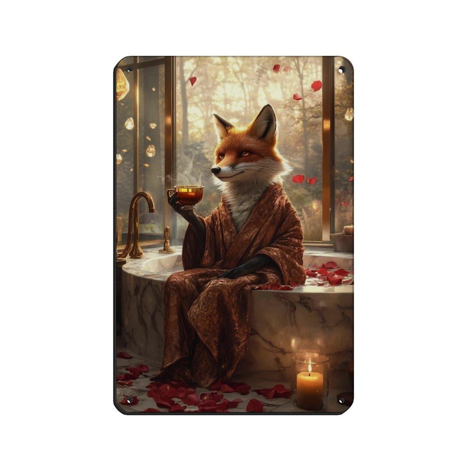 Fox Drinking Tea in Bathtub, Relaxing Fox Retro Poster Metal Tin Sign Chic Art Retro Iron Painting Bar People Cave Cafe Family Garage Poster Wall Decoration 8x12inch(20x30cm)