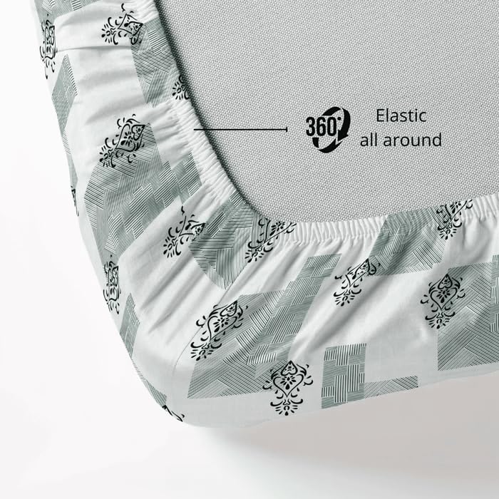 Image of 300 TC Cotton Feel Glace Cotton Fully Elastic Fitted Bedsheet Queen Size Double Bed with 2 Pillow Covers (60 inch x 78 inch inches, Silver Lattice)