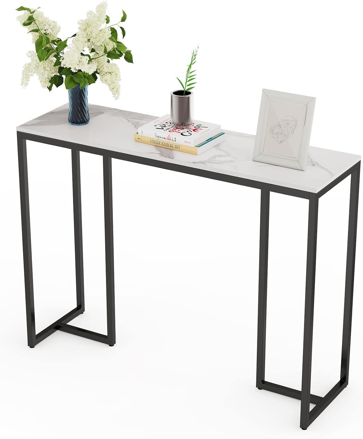 Wisfor White Console Table for Entryway: Sintered Stone Hallway Consoles Desk Narrow Marble Effect with Black Metal Frame Modern Accent Sofa Side Foyer Living Room Table, 100x30x78.5cm