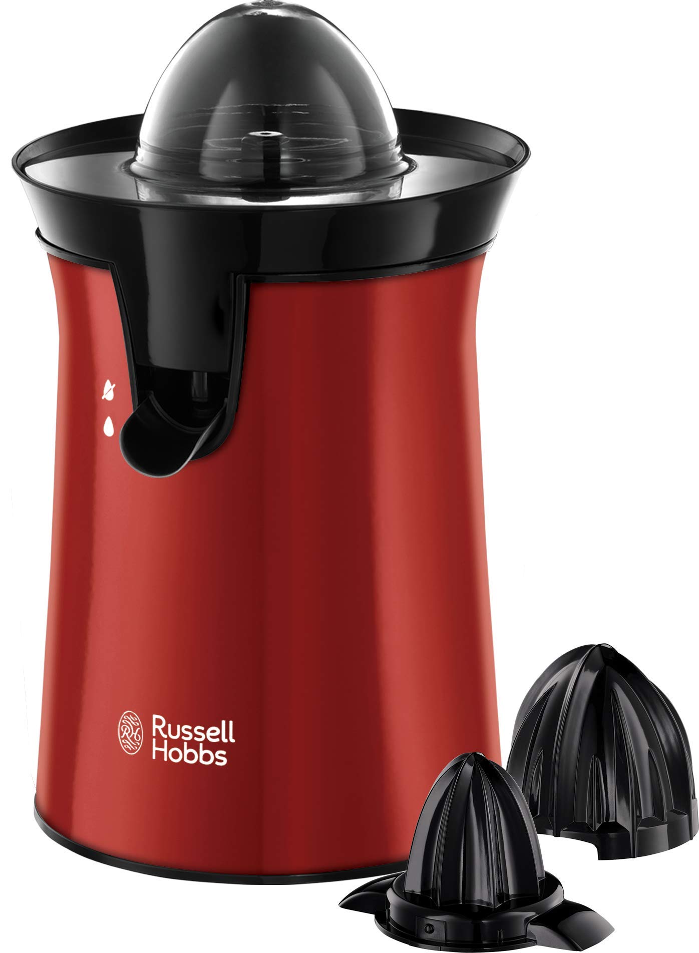 Russell Hobbs Presse Agrumes Electrique [2 Sens Rotation] Colours+ rouge (2 Cônes Interchangeables,sans BPA,lavables lave-vaisselle, stop-goutte,Facile & rapide, Démarrage auto. par pression) 26010-56