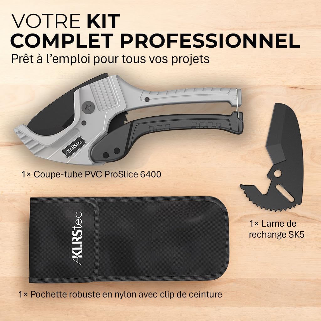 KLRStec Coupe-tubes professionnel en PVC ProSlice 6400 (64 mm / 2-1/2") Coupe-tube Professionnel à Cliquet – Inclut Lame de Rechange et Étui Nylon avec Clip Ceinture