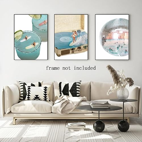 Miniatura 6 de HUYKON Surreal - Juego de 3 lienzos de pared en lienzo azul de verano, pósteres retro de surf, cóctel, surfistas, tocadiscos, ondas, pelota de