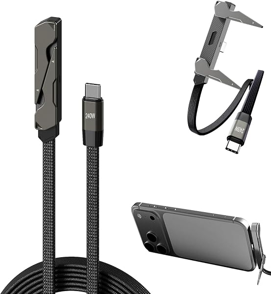 Caricatore invisibile 2in1 per telefono, 2M Caricatore Telefono Laterale, Ricarica Rapida 240W, Caricatore Laterale Tipo C con supporto per telefono integrato, per smartphone, tablet, giochi e ufficio - 1